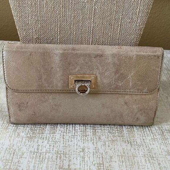 Salvatore Ferragamo Gold Metallic Long Leather Wallet. - Picture 1 of 15
